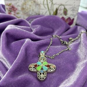 Cross Turquoise Necklace with Sterling Silver Pendant with Natural Stones #EA13
